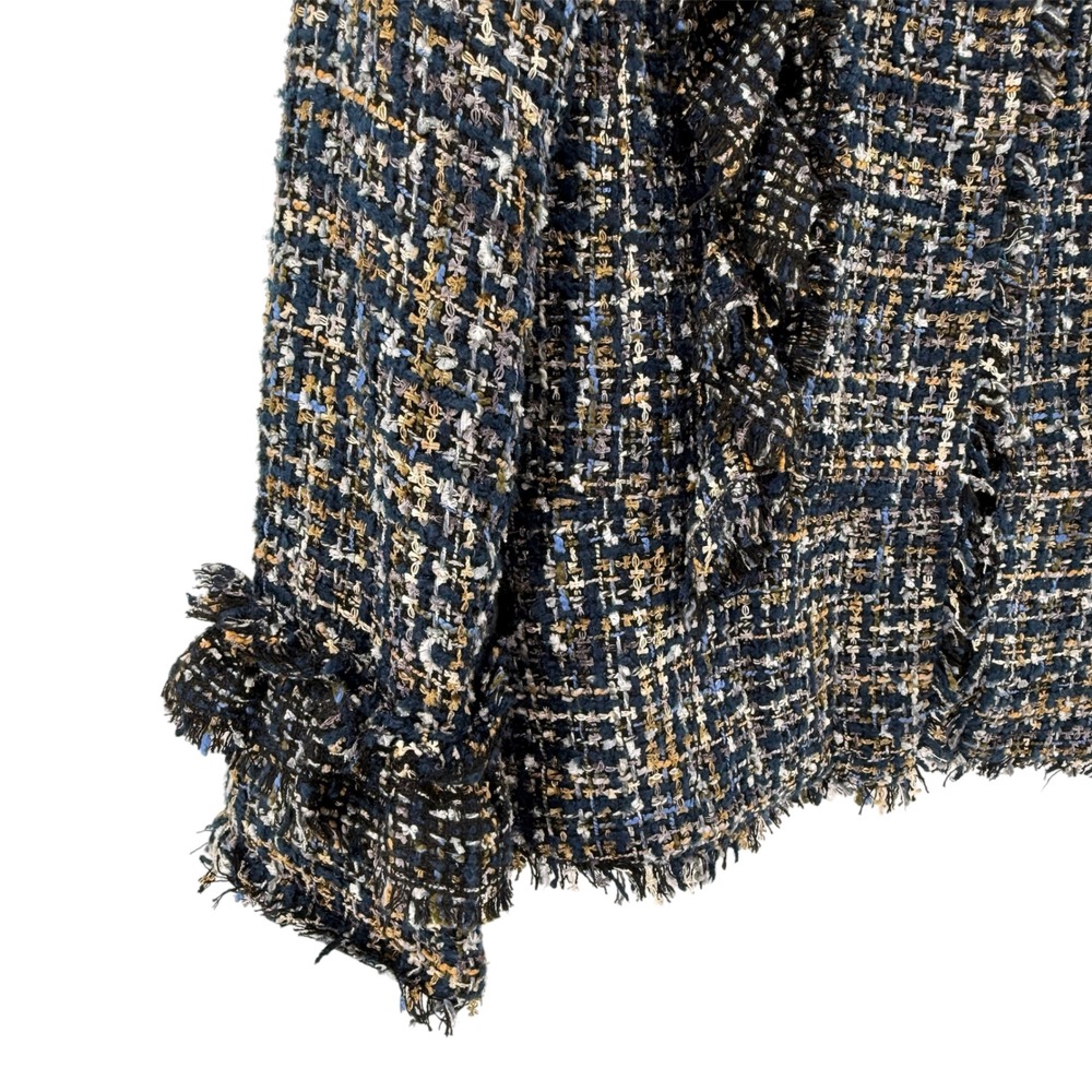 Ann Taylor Tweed Jacket Womens 10 Pre-Opened Blazer Navy Ruffle Fringe Trim Open - Picture 9 of 13